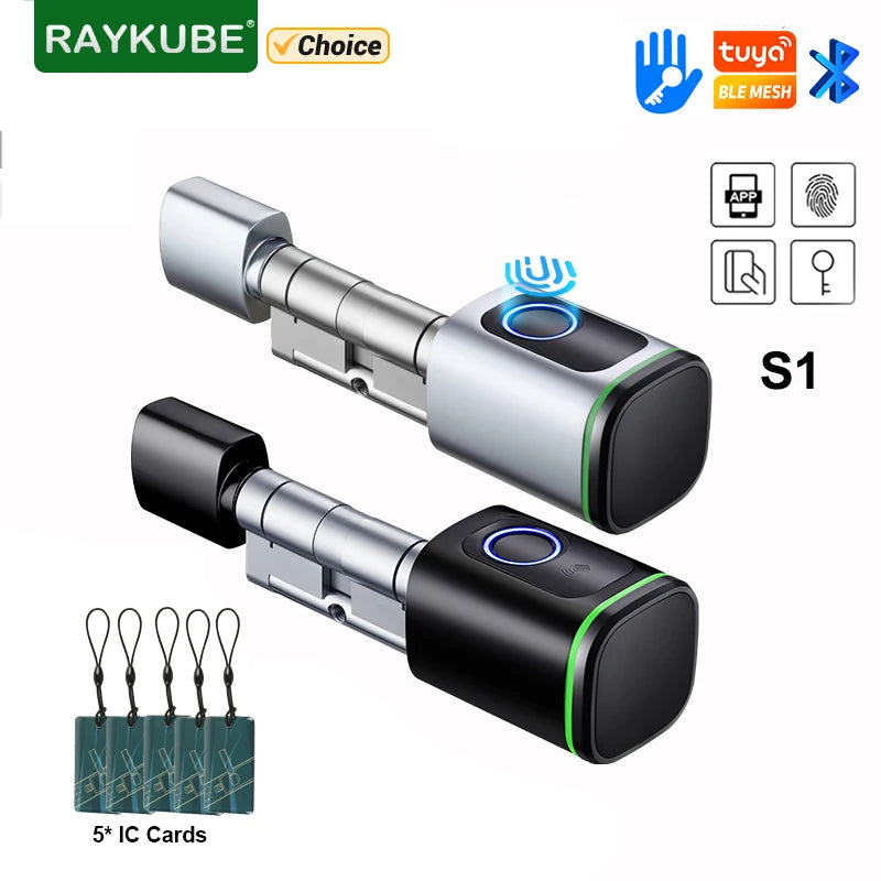 RAYKUBE S1 Tuya BLE TT Lock Smart Electronic Door Lock with DIY Cylinder Core Fingerprint APP Keys IC Card Unlock for Home Hotel